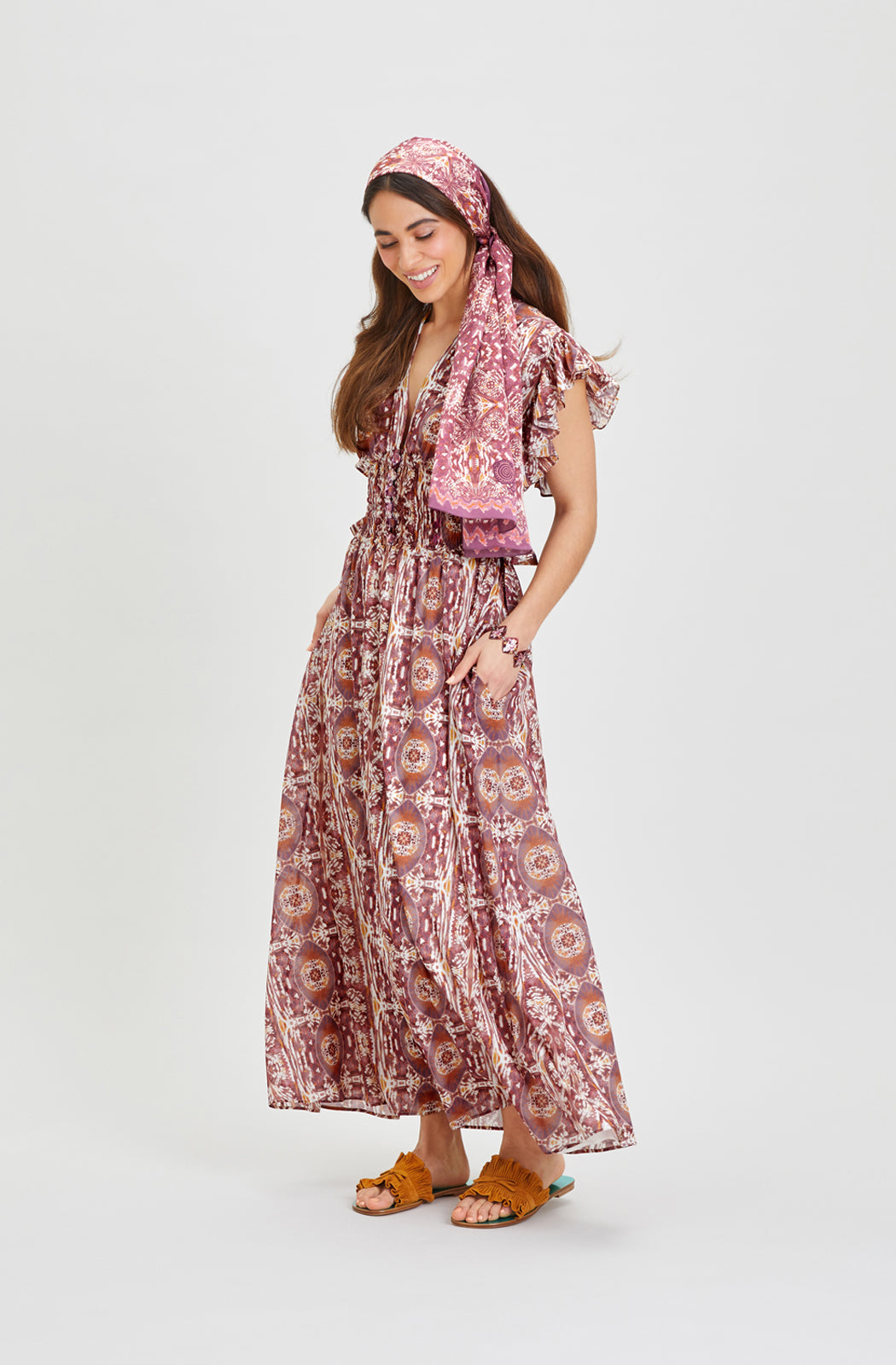 Adiratna Light Burgandy Ankle Length Dress