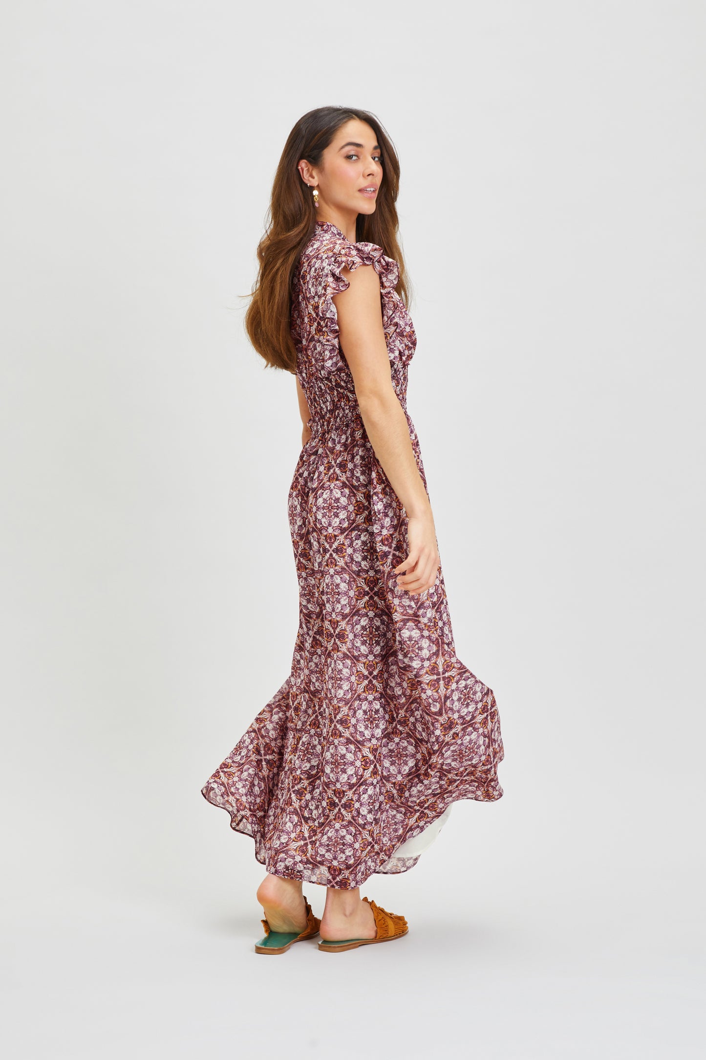LESTARI SILK MIDI DRESS WITH FRILLED CAP SLEEVES
