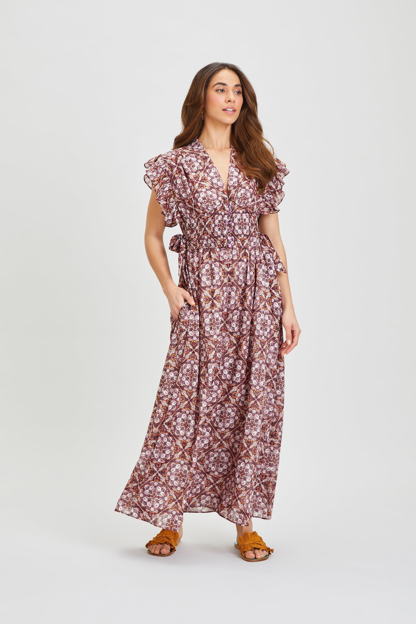 LESTARI SILK MIDI DRESS WITH FRILLED CAP SLEEVES