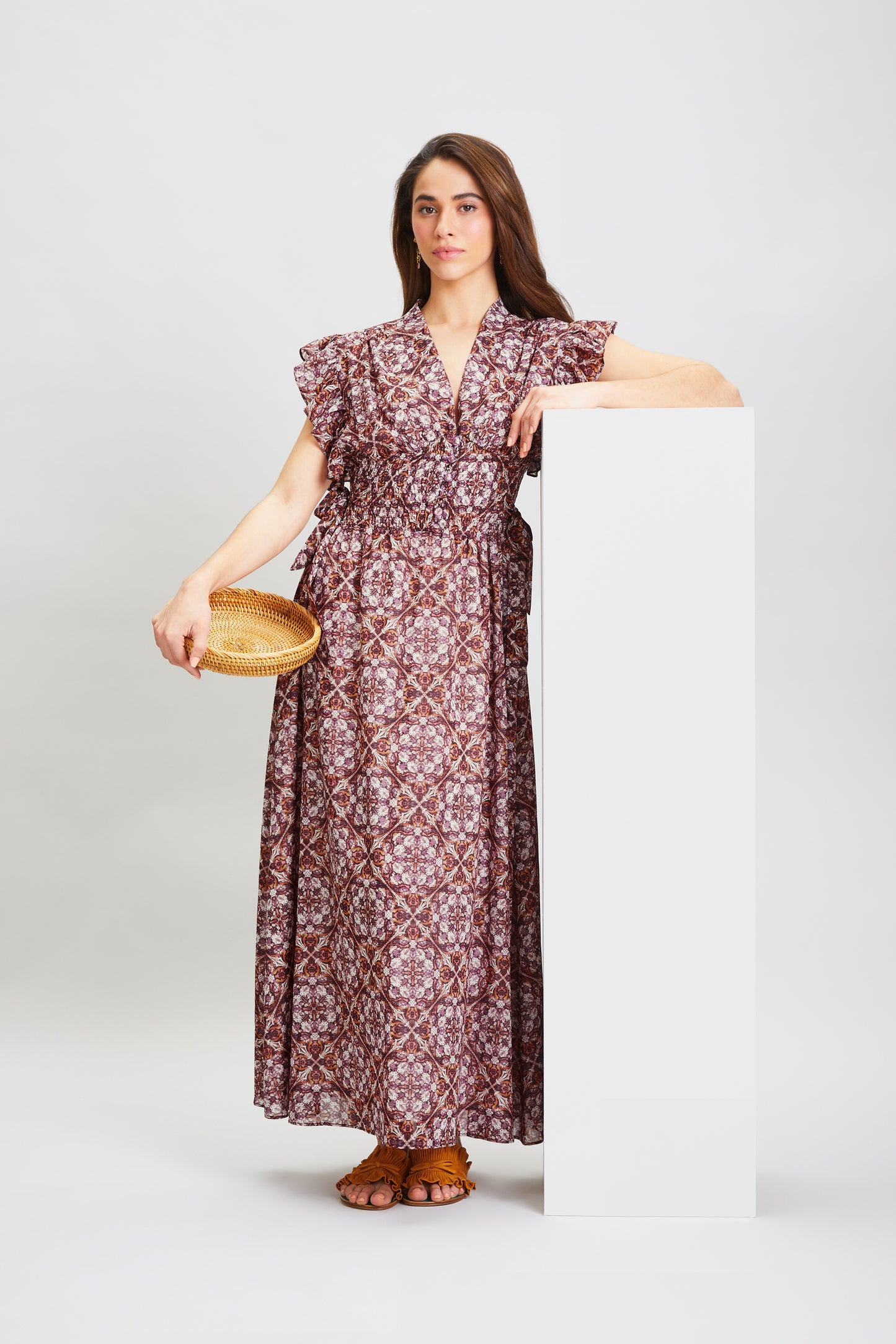 LESTARI SILK MIDI DRESS WITH FRILLED CAP SLEEVES