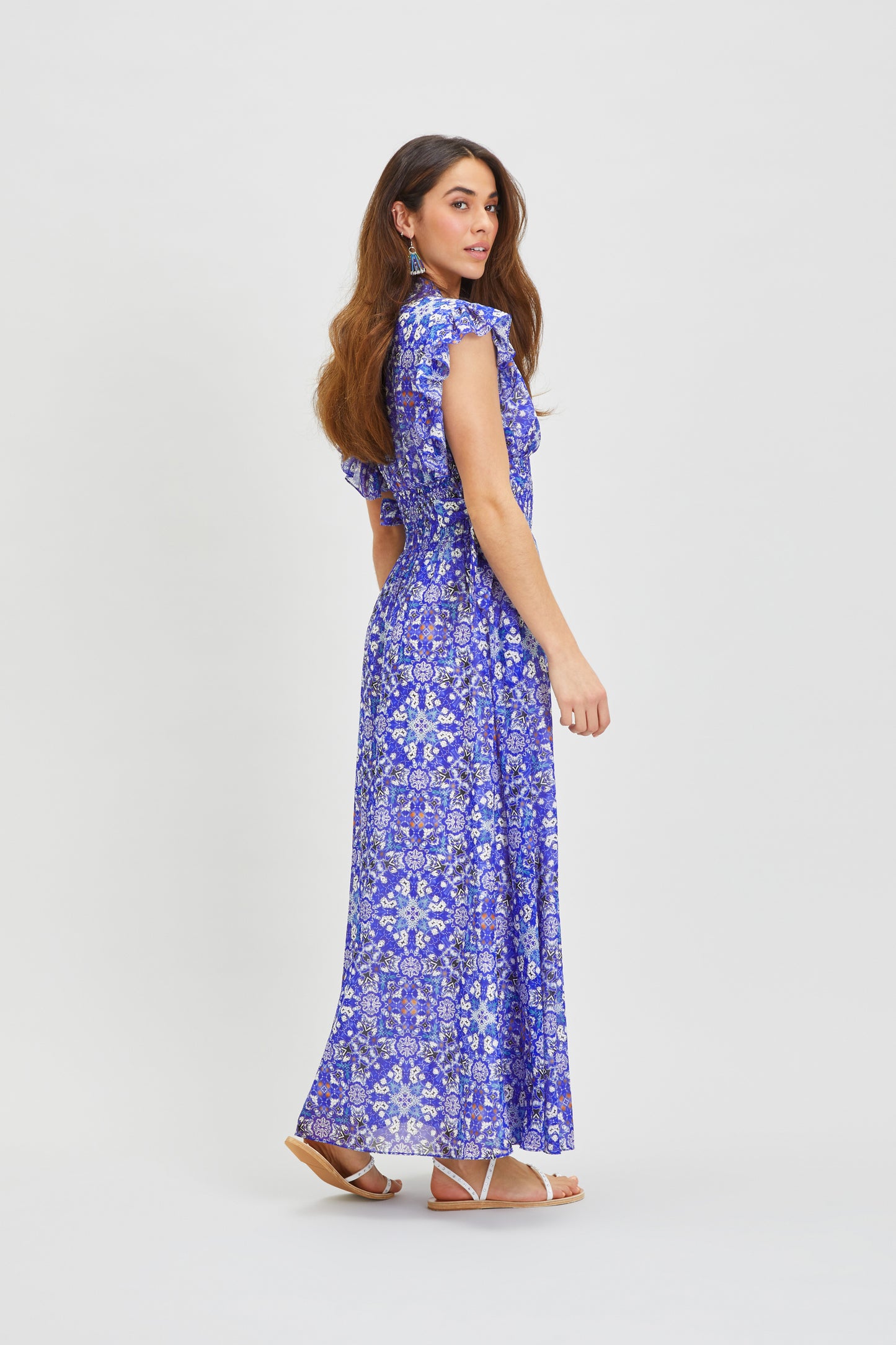 SAFAIA SILK MIDI DRESS WITH FRILLED CAP SLEEVES