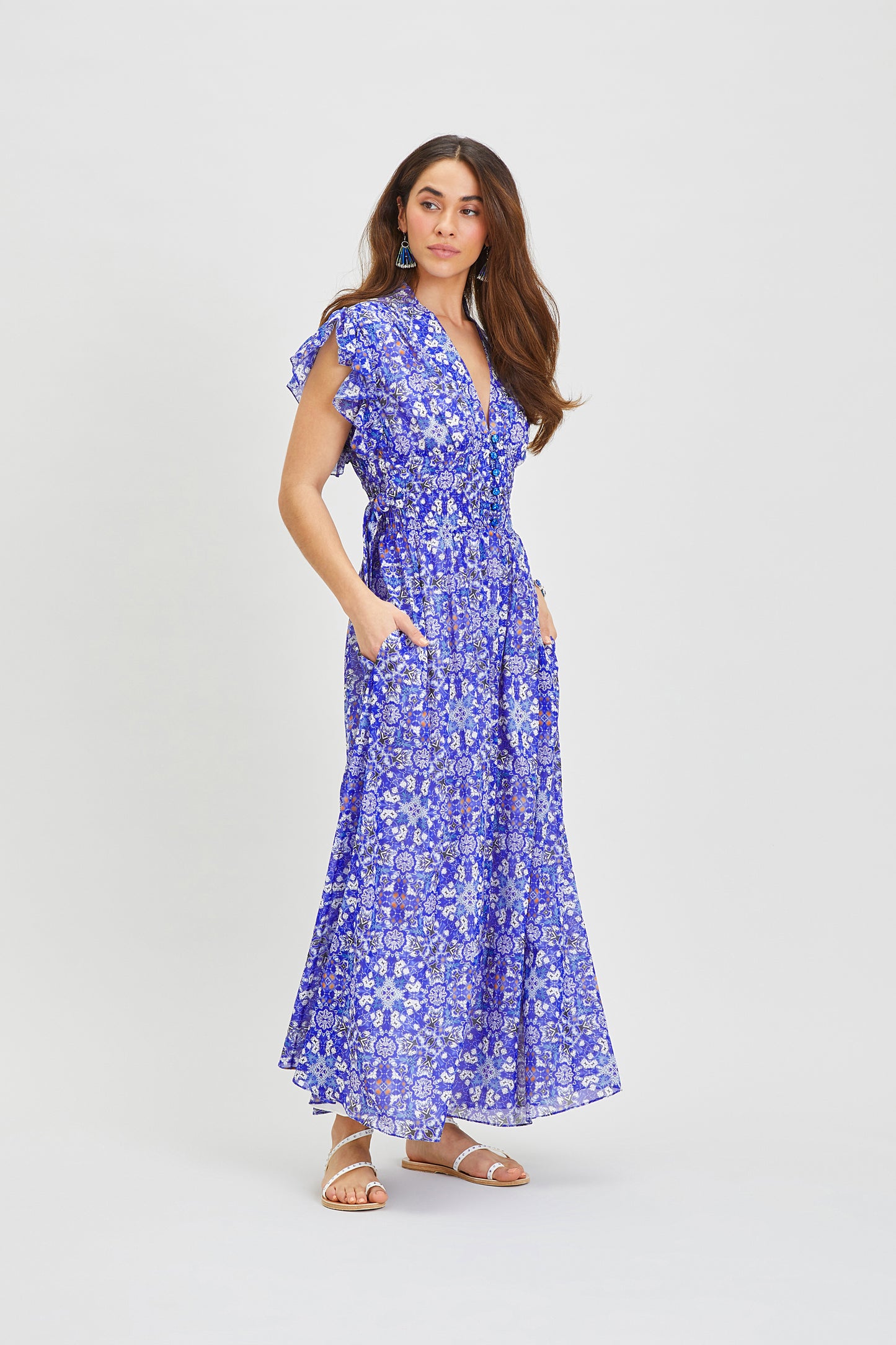 SAFAIA SILK MIDI DRESS WITH FRILLED CAP SLEEVES