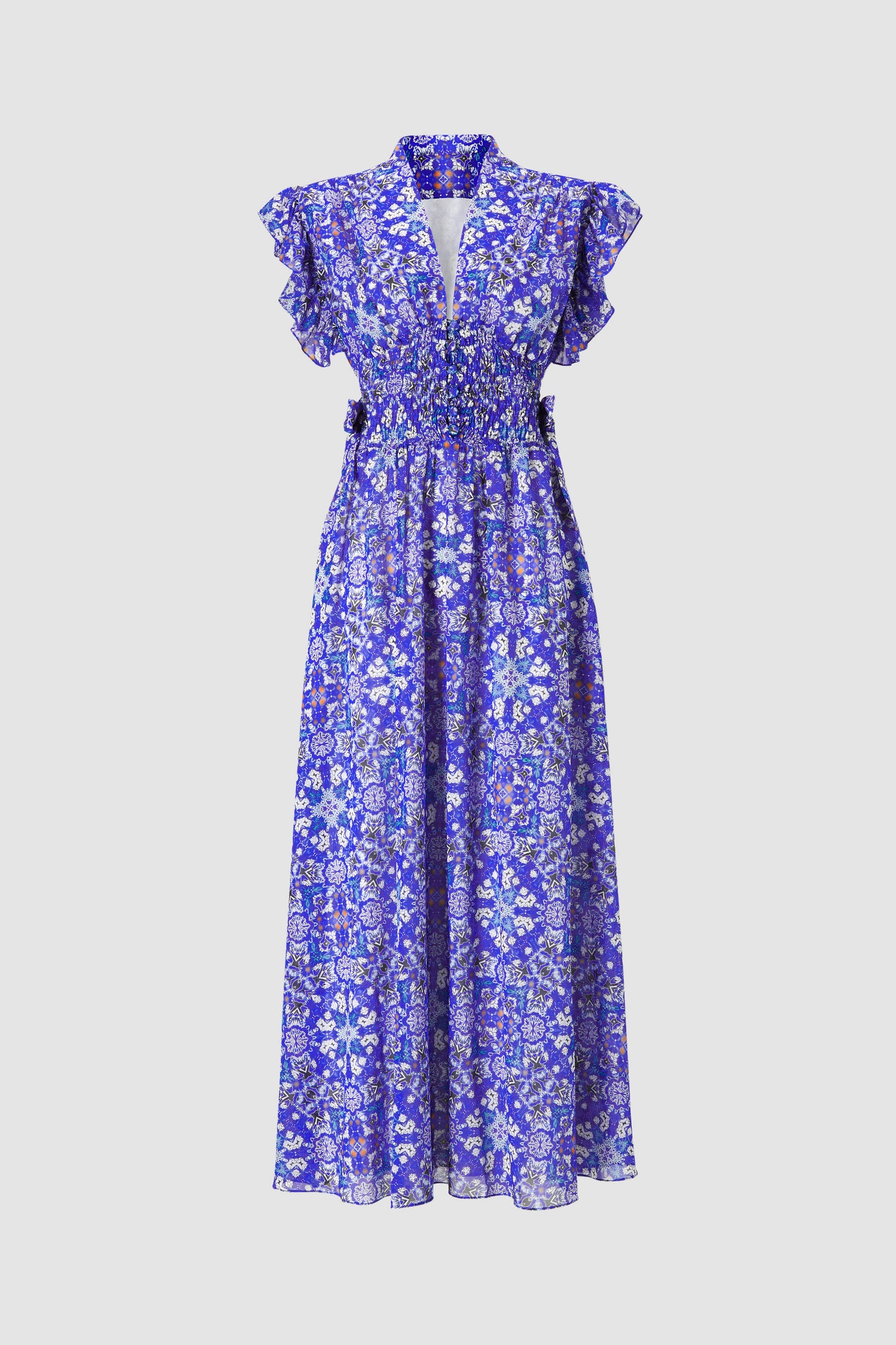 SAFAIA SILK MIDI DRESS WITH FRILLED CAP SLEEVES