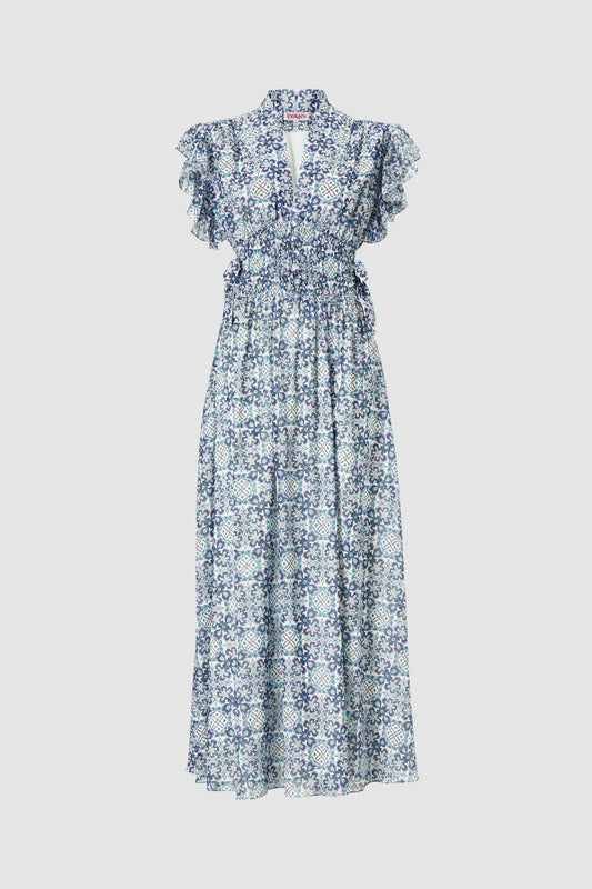 KIANA SILK MAXI DRESS WITH FRILLY CAP SLEEVES