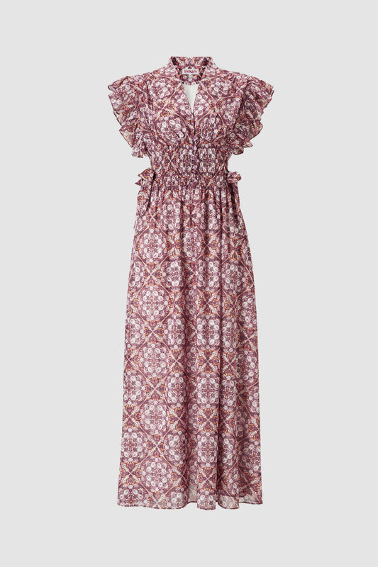 LESTARI SILK MAXI DRESS WITH FRILLY CAP SLEEVES