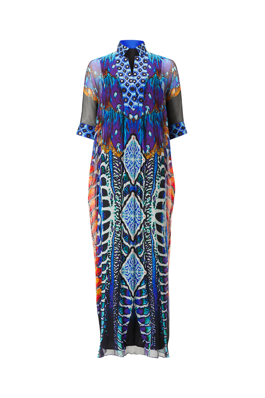 DANCE OF THE ULTRAMARINE SILK CAFTAN WITH EMBELLISHED NECKLINE